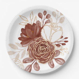 Plato De Papel Watercolor Maroon Gold Floral