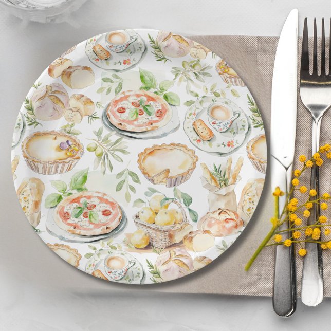 Plato De Papel Watercolor Mediterranean Food Pattern (In situ)