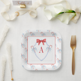 Plato De Papel Watercolor Monograma Bow Candy Cane Escudo