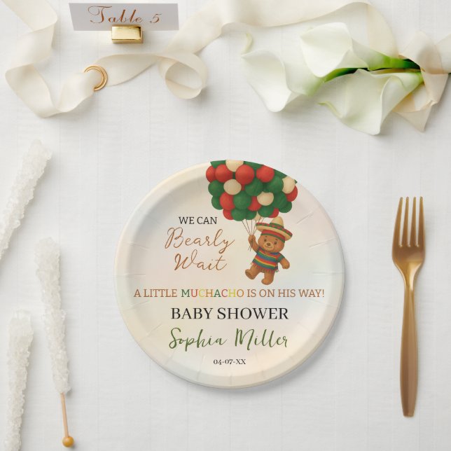 Plato De Papel Watercolor Muchacho Mexican Bear Baby Shower (Boda)