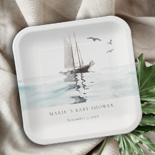 Plato De Papel Watercolor Nautical Sailing Yacht Baby Shower