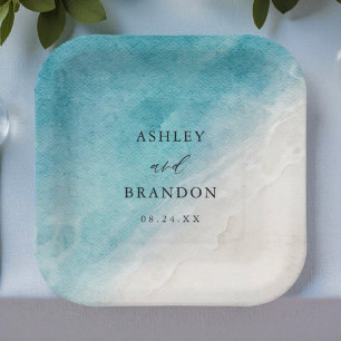 Plato De Papel Watercolor Ocean Summer Blue Beach Wedding