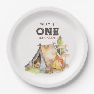 Plato De Papel Watercolor One Happy Camper Primer Fiesta de cumpl