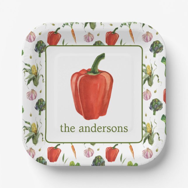 Plato De Papel Watercolor Orgánico Produce Bell Pepper (Anverso)