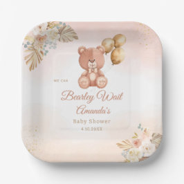 Plato De Papel Watercolor Pampas Grass Teddy Bear Baby Shower