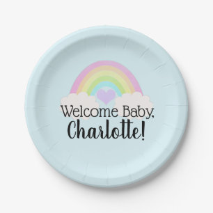 Plato De Papel Watercolor Pastel Rainbow Welcome Baby Shower
