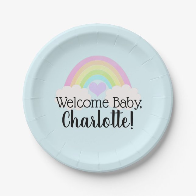 Plato De Papel Watercolor Pastel Rainbow Welcome Baby Shower (Anverso)