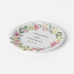 Plato De Papel Watercolor Pastel Rubor Floral Wreath Boda
