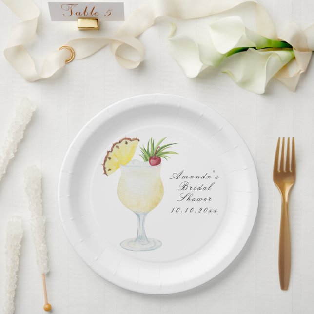 Plato De Papel Watercolor Pina Colada Cocktail Bridal Shower (Boda)