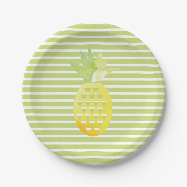 Plato De Papel Watercolor Pineapple Trendy Stripes Fruity Fiesta (Anverso)