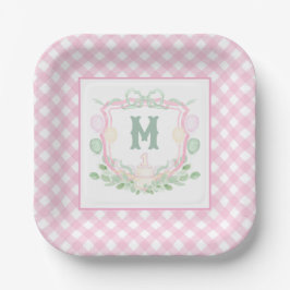 Plato De Papel Watercolor Pink 1st Birthday Monogram Crest Party