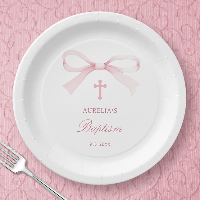 Plato De Papel Watercolor Pink Bow Baptism (Subido por el creador)