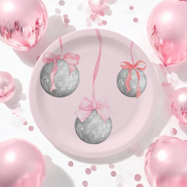 Plato De Papel Watercolor Pink Bow Cinta Plata Disco Ball