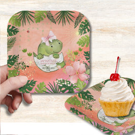 Plato De Papel Watercolor Pink Dino Tropical Baby Shower