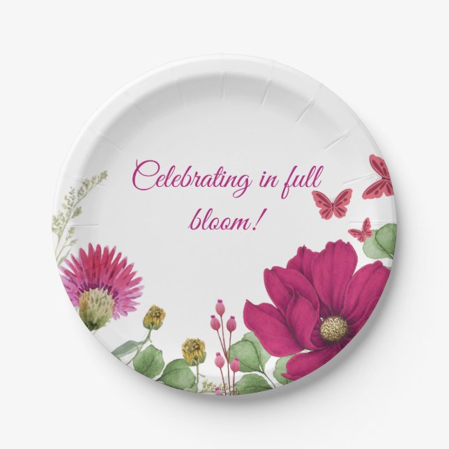 Plato De Papel Watercolor Pink Floral Party Plate (Anverso)