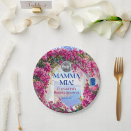 Plato De Papel Watercolor Pink Flowers Blue Tiles Disco Ball