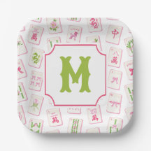 Watercolor Pink & Green Bow Mahjong Tiles Monogram