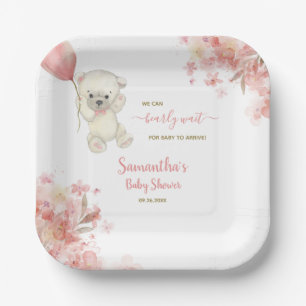 Plato De Papel Watercolor Pink Teddy Bear Chica Baby Shower