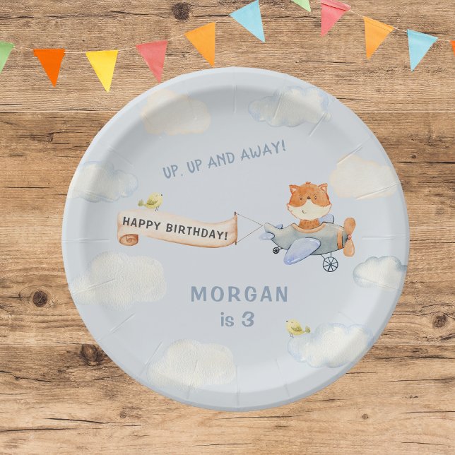 Plato De Papel Watercolor Plane Cute Fox Birthday Party (Subido por el creador)