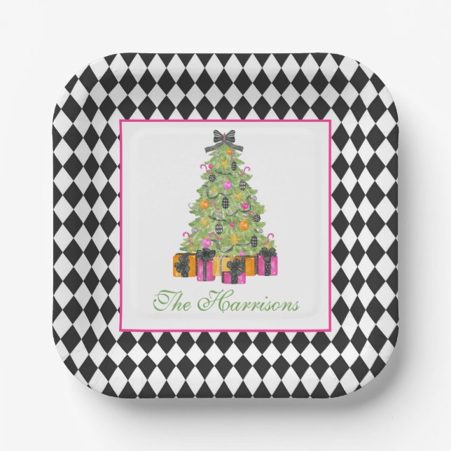 Plato De Papel Watercolor Preppy Bright Christmas Tree (Anverso)