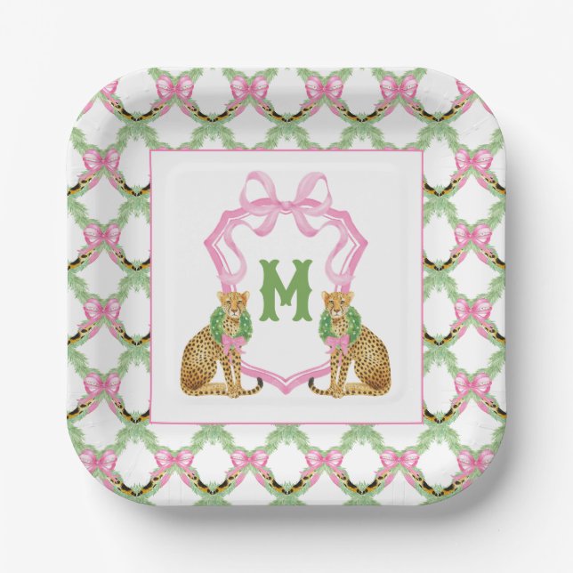 Plato De Papel Watercolor Preppy Leopard Monogram Crest (Anverso)