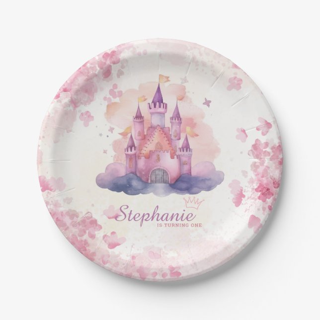 Plato De Papel Watercolor Princess Castle Babygirl Primer cumplea (Anverso)
