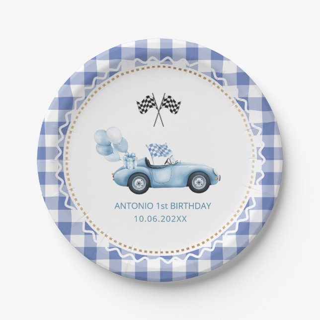 Plato De Papel Watercolor Race car primer cumpleaños (Anverso)