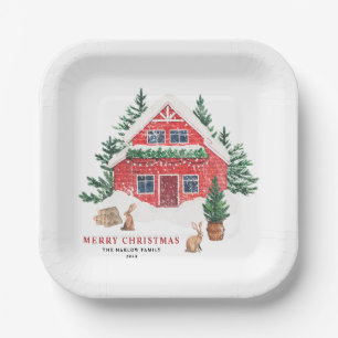 Plato De Papel Watercolor Red Cottage Woodland Navidades Fiesta