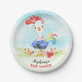 Plato De Papel Watercolor Rooster Baby Shower Farm