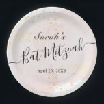 Plato De Papel Watercolor Rosa x Gold Bat Mitzvah<br><div class="desc">Esta moda y elegante placa de papel mitzvah murciélago presenta un fondo blanco con trazos de pincel rosa rubor en acuarela y manchas de oro falsas. Personalízalo para tus necesidades. Puedes encontrar más productos a juego en mi tienda.</div>