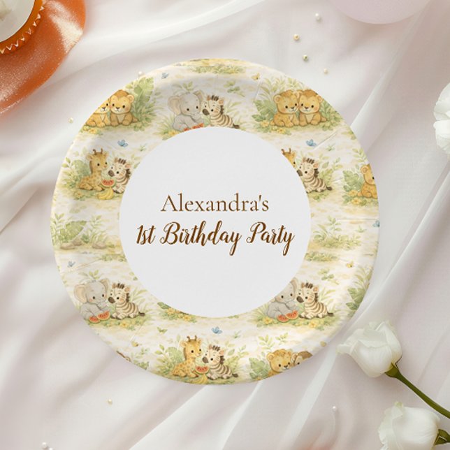 Plato De Papel Watercolor Safari Animals First Birthday (Subido por el creador)