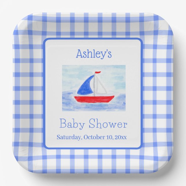 Plato De Papel Watercolor Sailboat Blue Check Baby Shower (Anverso)