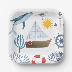 Plato De Papel Watercolor Sea Ship,Sailor Whale Sea Baby Shower