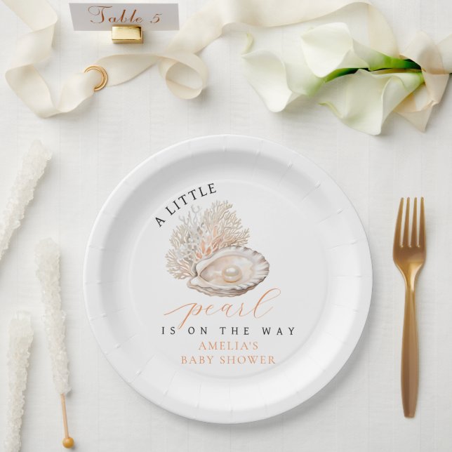 Plato De Papel Watercolor Seashell Pearl Baby Shower (Boda)