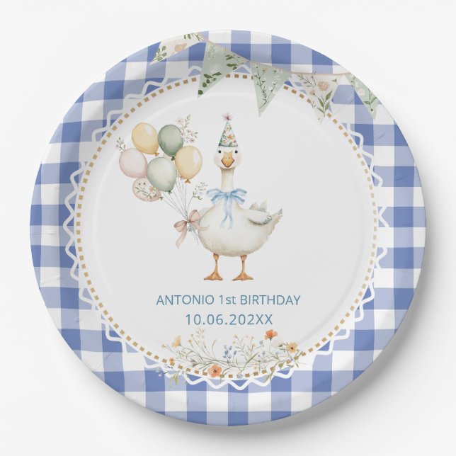 Plato De Papel Watercolor Silly Goose primer cumpleaños (Anverso)