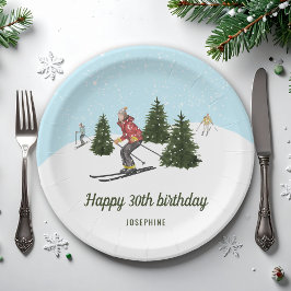 Plato De Papel Watercolor Skiers Custom Ski Trip Birthday Party