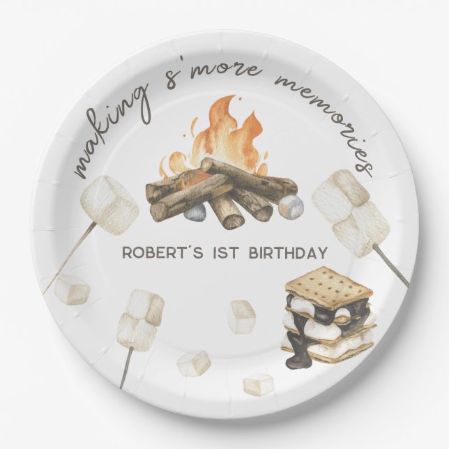 Plato De Papel Watercolor S'more Campfire Primer cumpleaños (Anverso)