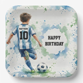 Plato De Papel Watercolor Soccer Boy Birthday Blue