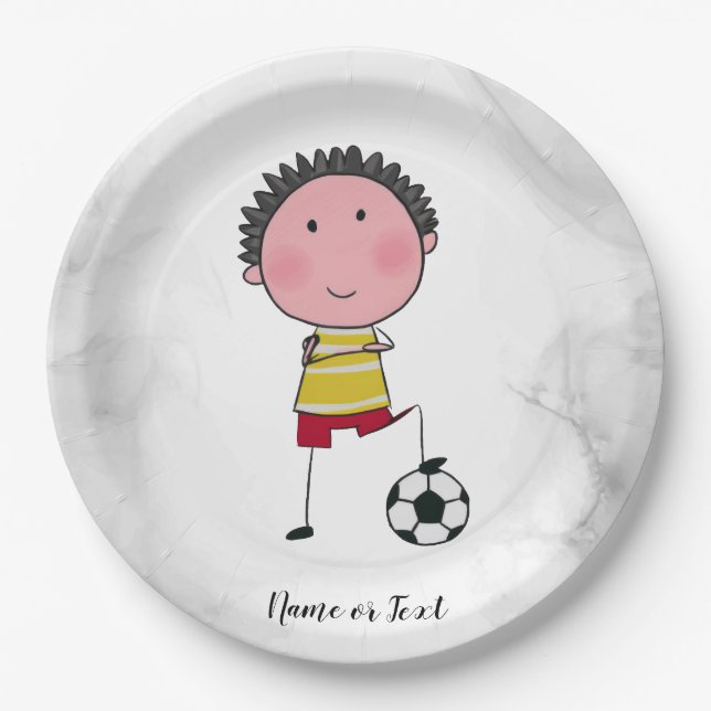 Plato De Papel Watercolor Soccer Player Stick Boy Hermoso (Anverso)