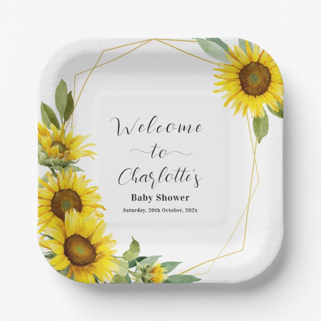 Plato De Papel Watercolor Sunflower Baby Shower (Anverso)