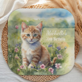 Plato De Papel Watercolor Tabby Cat Pet Meadow 70th Birthday