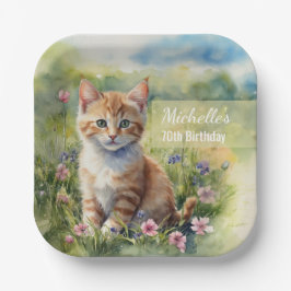 Plato De Papel Watercolor Tabby Cat Pet Meadow 70th Birthday
