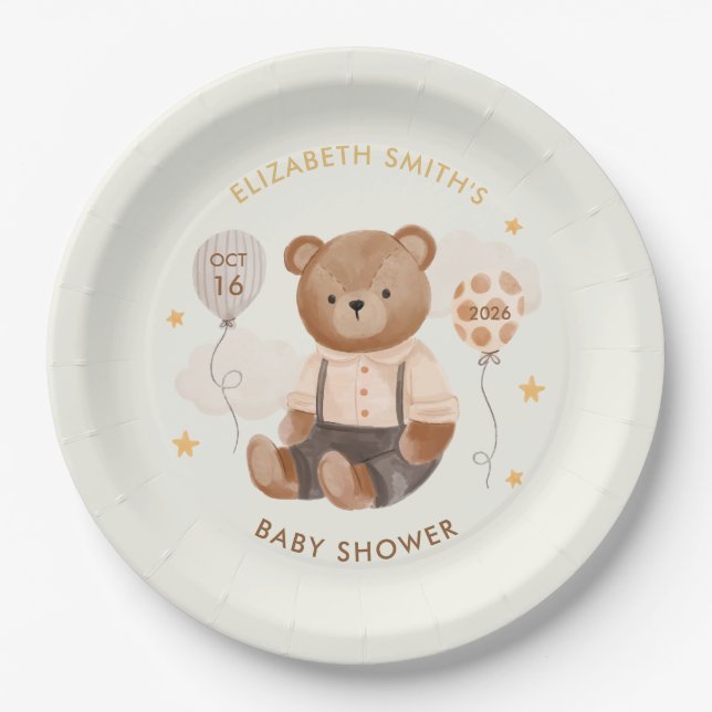 Plato De Papel Watercolor Teddy Bear Baby Shower (Anverso)