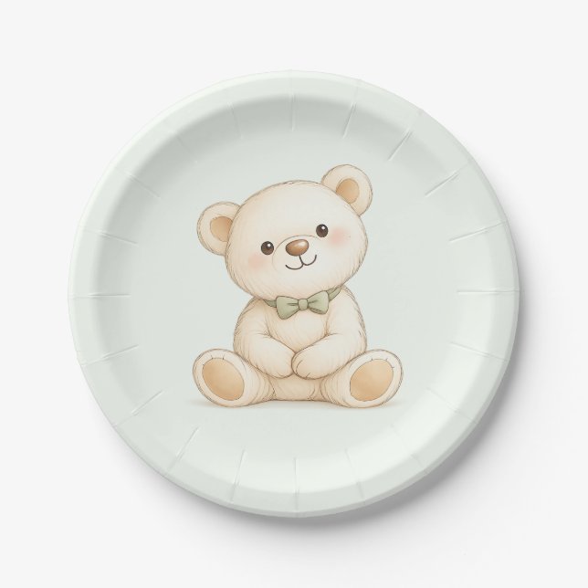 Plato De Papel Watercolor Teddy Bear Sage Gree (Anverso)