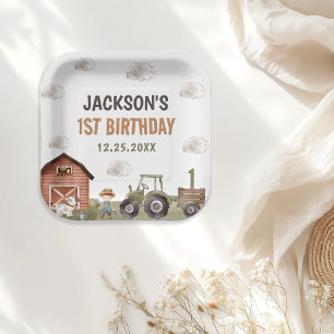 Plato De Papel Watercolor Tractor Farm 1er cumpleaños