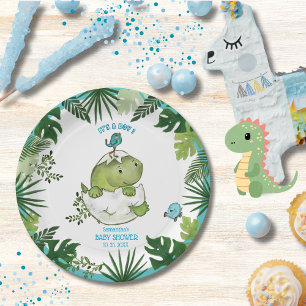 Plato De Papel Watercolor Tropical Leaves Placas Dino Baby Shower