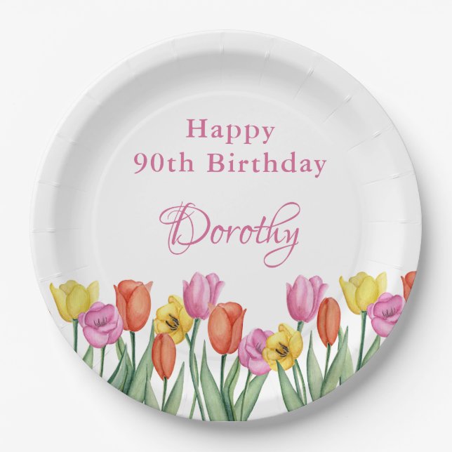 Plato De Papel Watercolor Tulips 90th Birthday Party (Anverso)