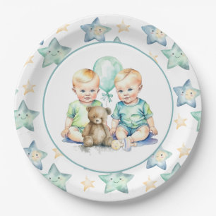 Plato De Papel Watercolor Twin Boys Baby Shower