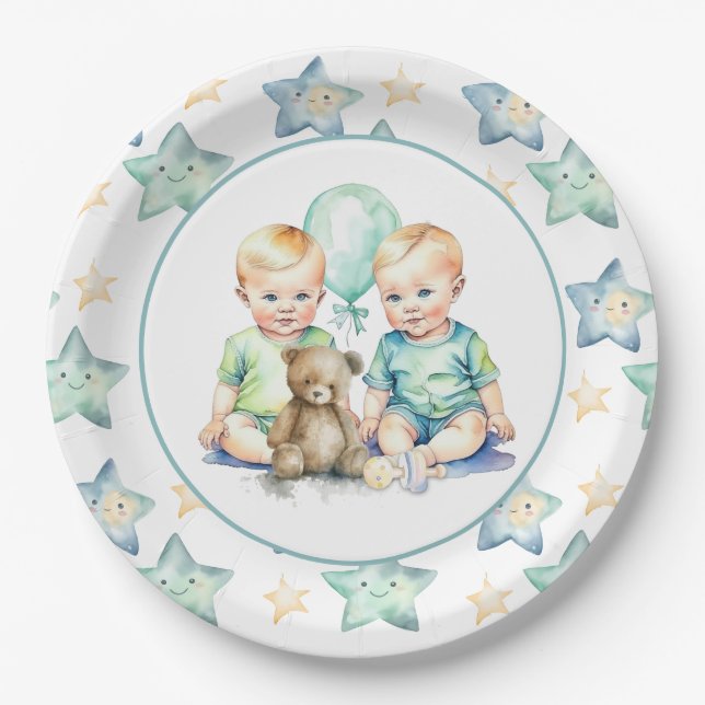 Plato De Papel Watercolor Twin Boys Baby Shower (Anverso)