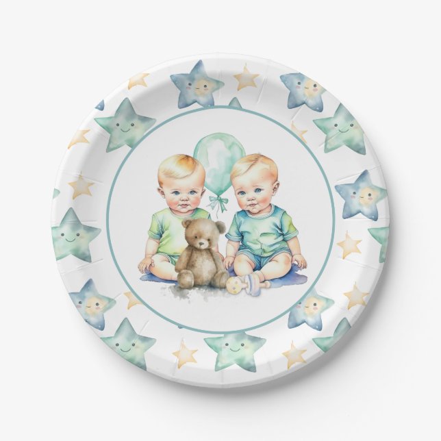 Plato De Papel Watercolor Twin Boys Baby Shower (Anverso)